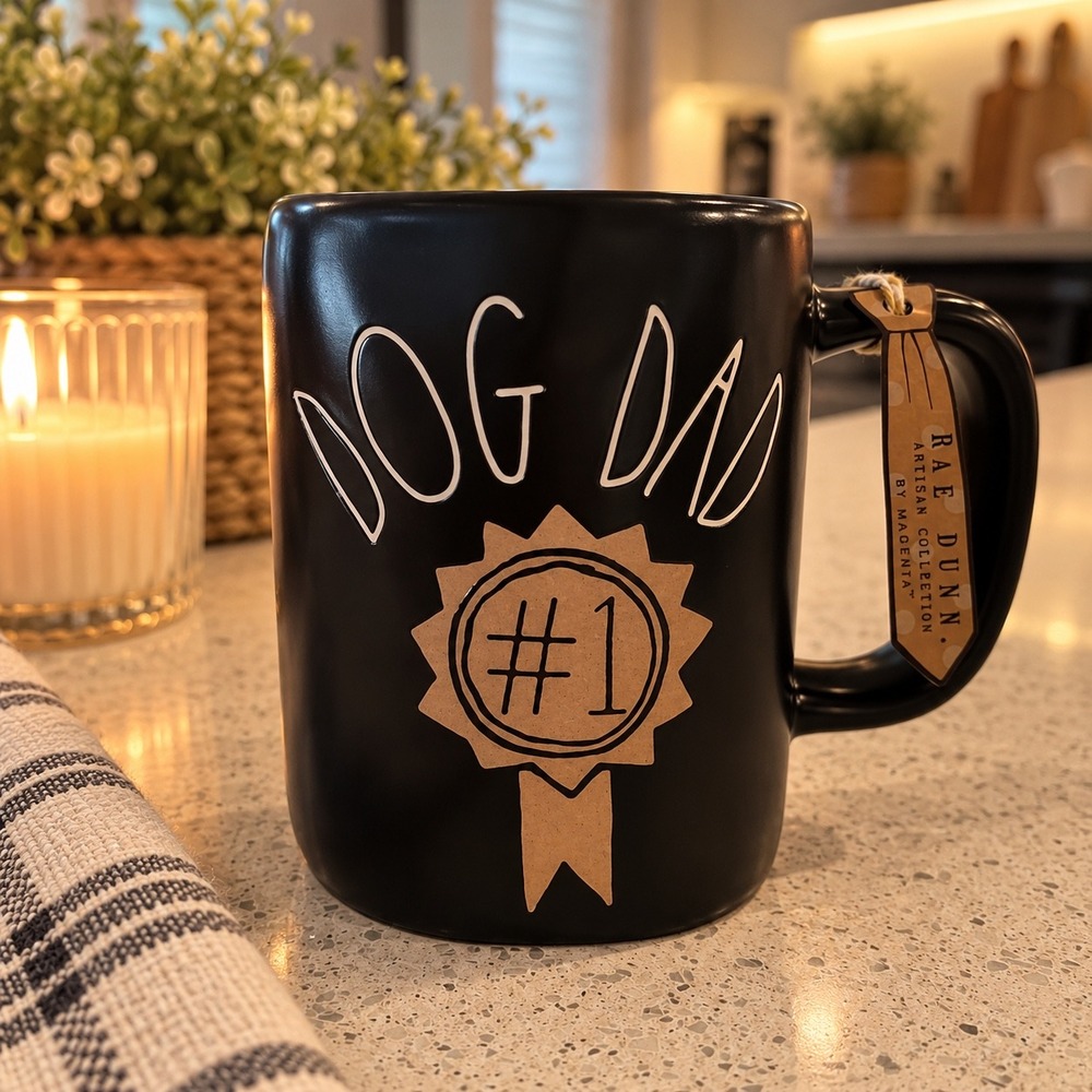 Rae Dunn Dog Dad #1 Black Ceramic Coffee Mug Artisan Collection by Magenta NWT